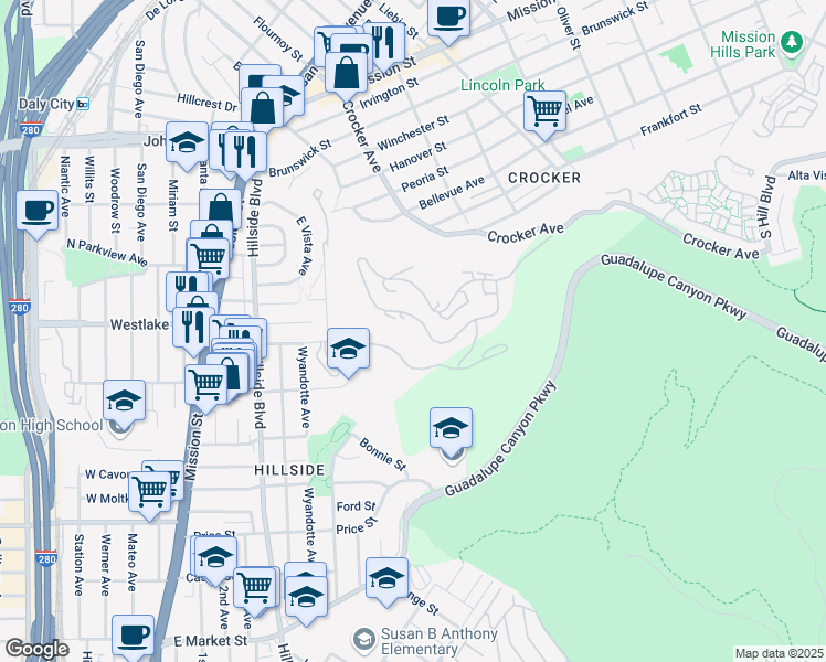 map of restaurants, bars, coffee shops, grocery stores, and more near 563 Green Ridge Drive in Daly City