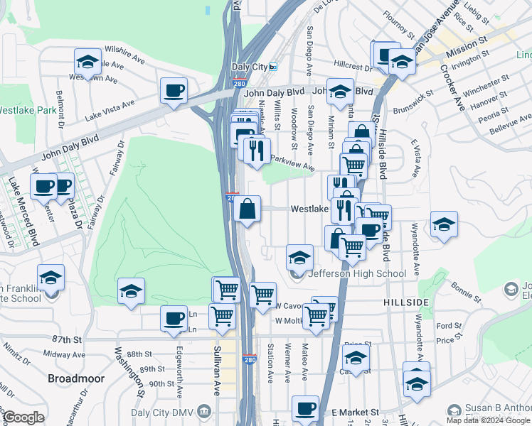 map of restaurants, bars, coffee shops, grocery stores, and more near 714 Niantic Avenue in Daly City