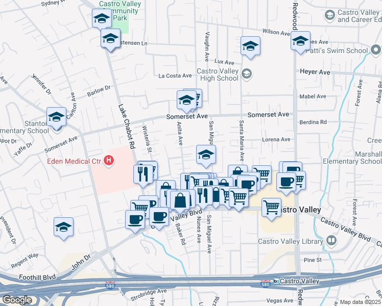map of restaurants, bars, coffee shops, grocery stores, and more near 20054 Anita Avenue in Castro Valley