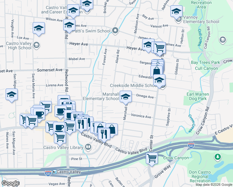 map of restaurants, bars, coffee shops, grocery stores, and more near 4176 Omega Avenue in Castro Valley