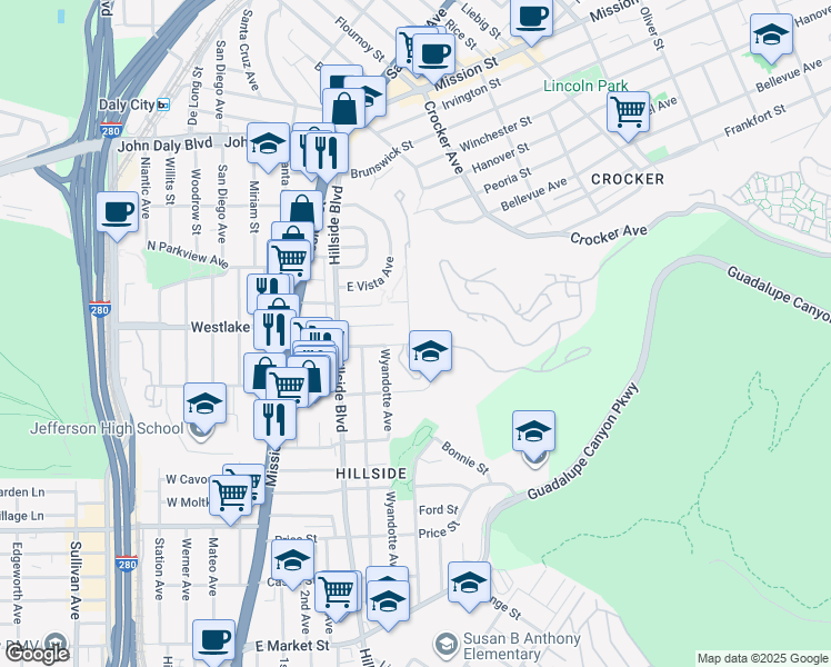 map of restaurants, bars, coffee shops, grocery stores, and more near 91 Lausanne Avenue in Daly City
