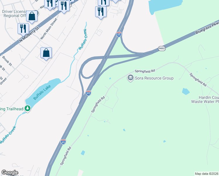 map of restaurants, bars, coffee shops, grocery stores, and more near 1598 Springfield Rd in Elizabethtown