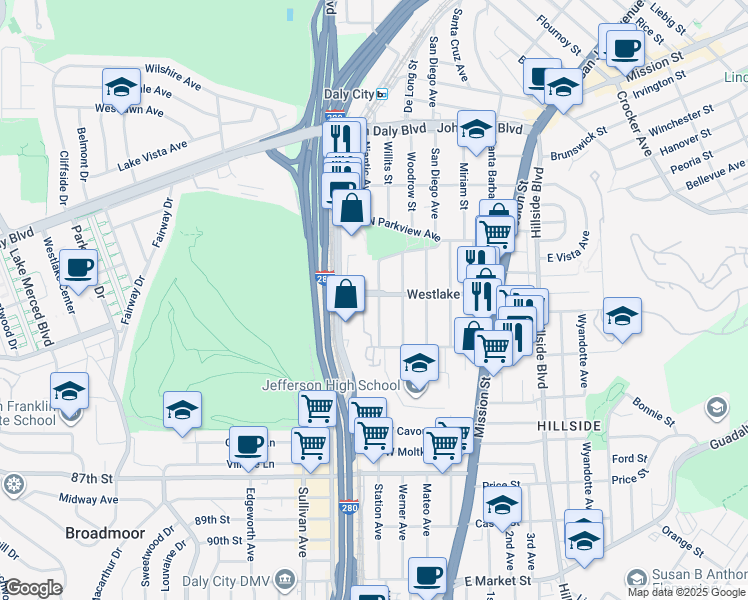 map of restaurants, bars, coffee shops, grocery stores, and more near 714 Niantic Avenue in Daly City