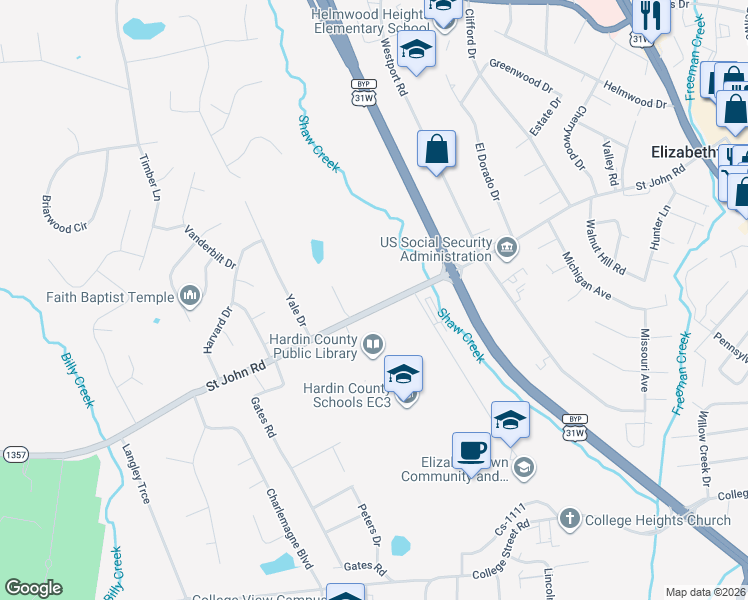 map of restaurants, bars, coffee shops, grocery stores, and more near 714-730 St John Rd in Elizabethtown