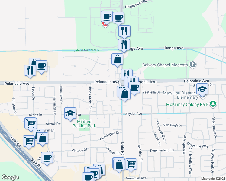 map of restaurants, bars, coffee shops, grocery stores, and more near 4121 Dale Road in Modesto