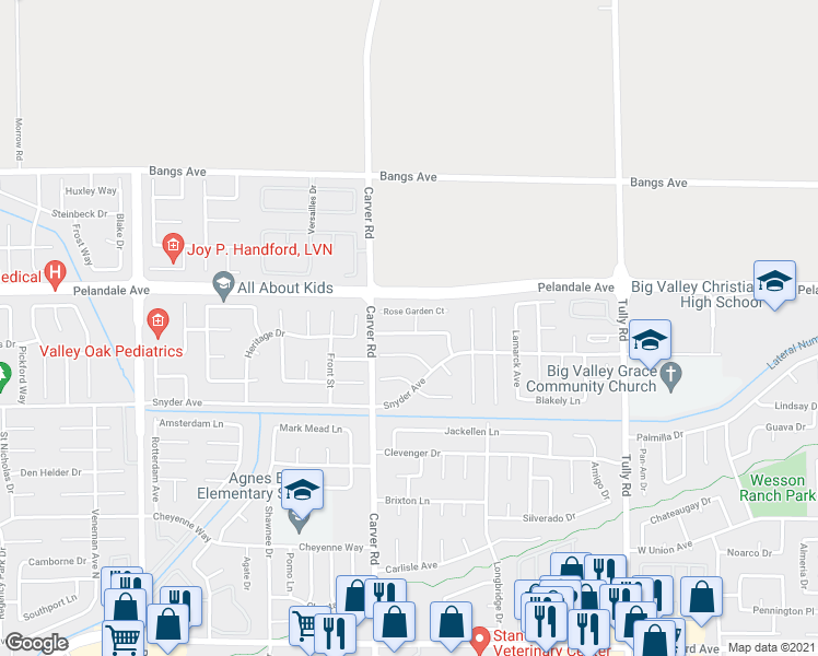 map of restaurants, bars, coffee shops, grocery stores, and more near 1605 Kensington Park Drive in Modesto