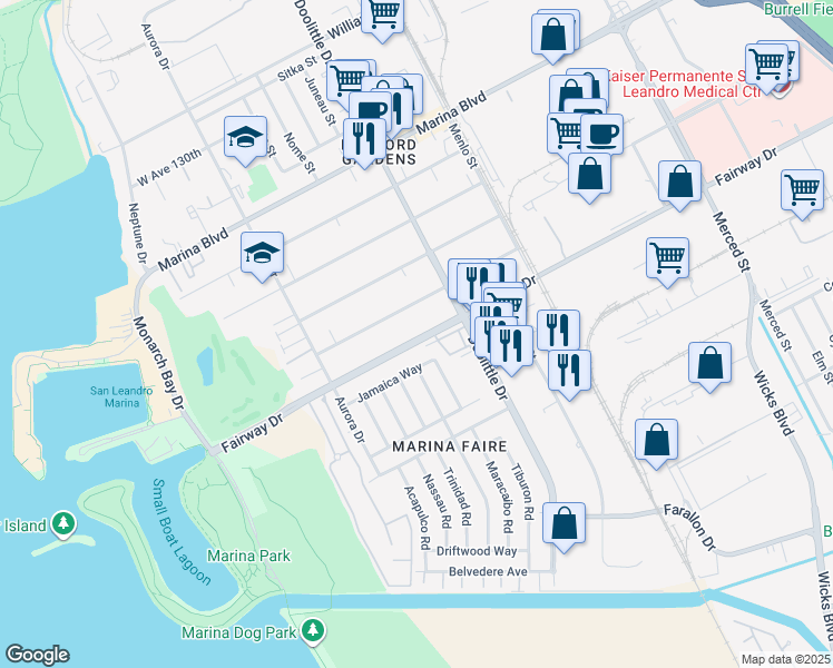 map of restaurants, bars, coffee shops, grocery stores, and more near 2315 Fairway Drive in San Leandro