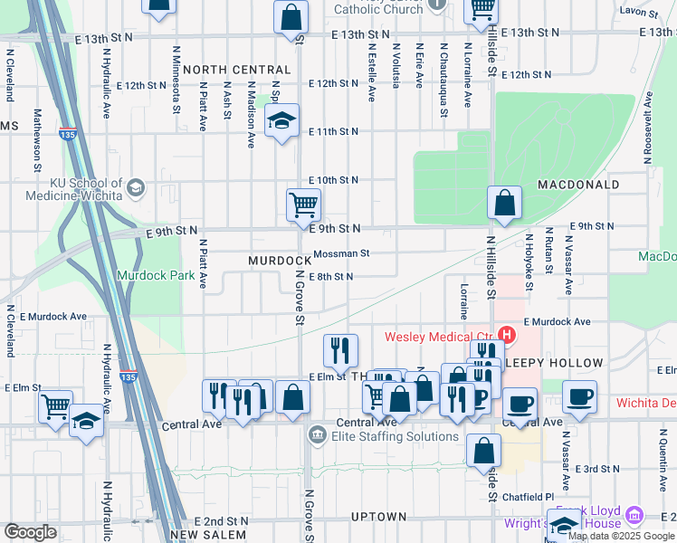 map of restaurants, bars, coffee shops, grocery stores, and more near 2526 East 8th Street North in Wichita