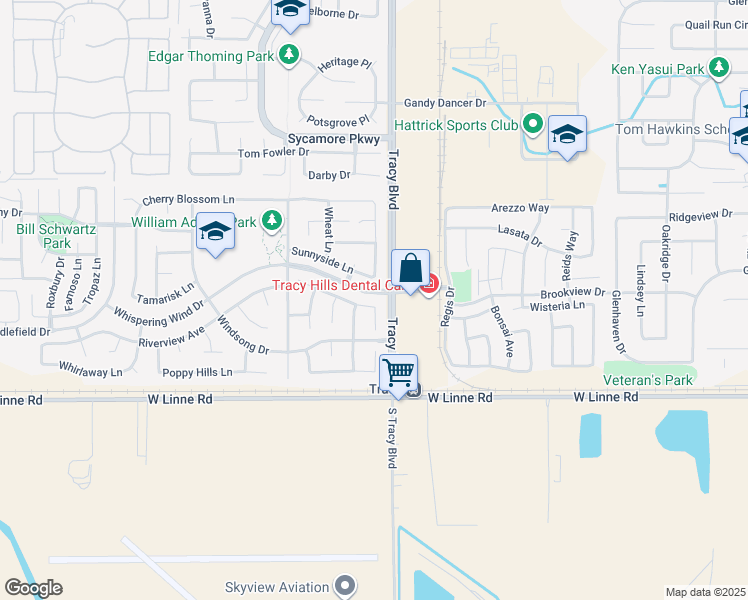 map of restaurants, bars, coffee shops, grocery stores, and more near 637 Sagewood Lane in Tracy