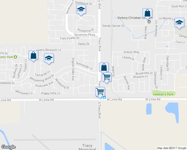 map of restaurants, bars, coffee shops, grocery stores, and more near 657 Sagewood Lane in Tracy