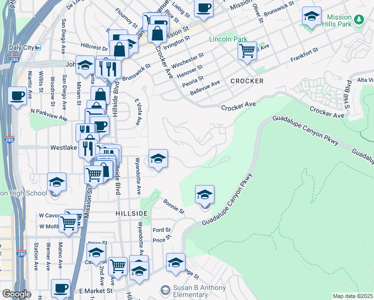 map of restaurants, bars, coffee shops, grocery stores, and more near 563 Green Ridge Drive in Daly City