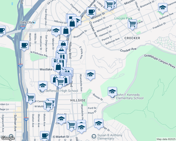 map of restaurants, bars, coffee shops, grocery stores, and more near 85 Lausanne Avenue in Daly City