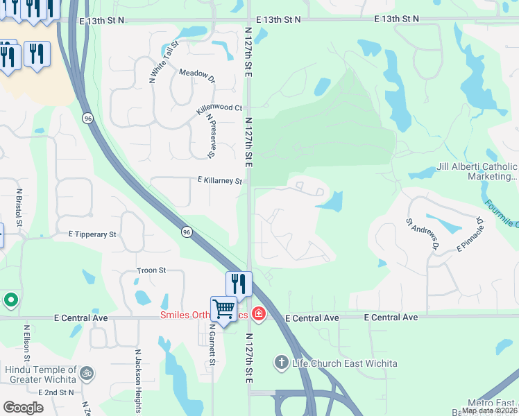 map of restaurants, bars, coffee shops, grocery stores, and more near 827 N 127th St E in Wichita