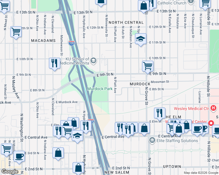 map of restaurants, bars, coffee shops, grocery stores, and more near 910 North Minnesota Street in Wichita