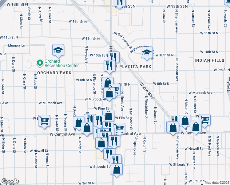 map of restaurants, bars, coffee shops, grocery stores, and more near 808 North West Street in Wichita