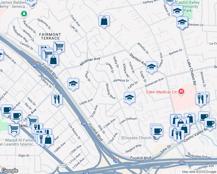 map of restaurants, bars, coffee shops, grocery stores, and more near 16660 Winding Boulevard in San Leandro