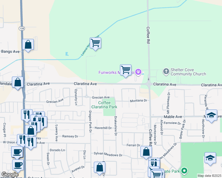 map of restaurants, bars, coffee shops, grocery stores, and more near 4229 Drakeshire Court in Modesto