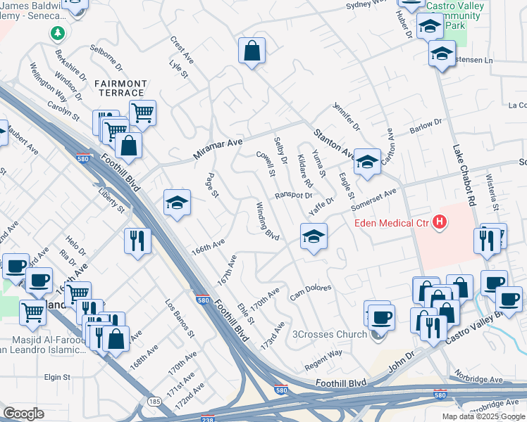 map of restaurants, bars, coffee shops, grocery stores, and more near 16660 Winding Boulevard in San Leandro