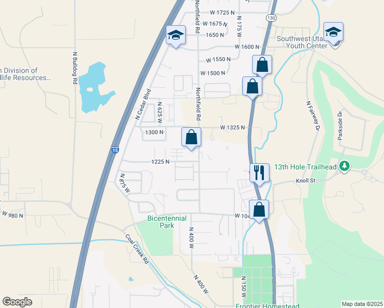 map of restaurants, bars, coffee shops, grocery stores, and more near 1251 Northfield Road in Cedar City