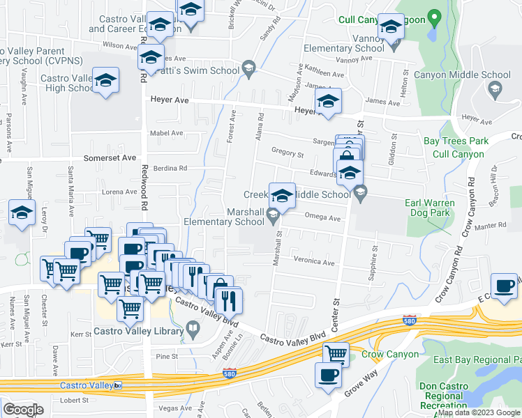 map of restaurants, bars, coffee shops, grocery stores, and more near 4176 Omega Avenue in Castro Valley