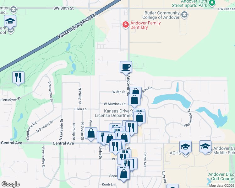 map of restaurants, bars, coffee shops, grocery stores, and more near 211 West 8th Street in Andover