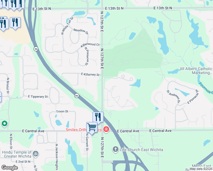 map of restaurants, bars, coffee shops, grocery stores, and more near 827 N 127th St E in Wichita
