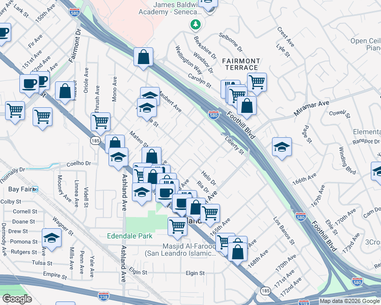 map of restaurants, bars, coffee shops, grocery stores, and more near 1600 162nd Avenue in San Leandro
