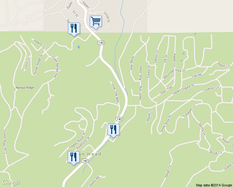 map of restaurants, bars, coffee shops, grocery stores, and more near Pine Tree Way in Brian Head