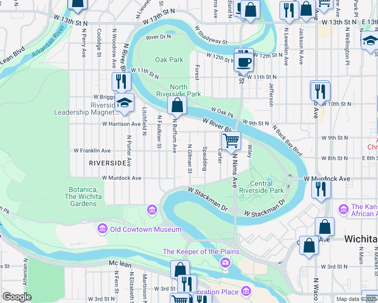 map of restaurants, bars, coffee shops, grocery stores, and more near 1207 Franklin Street in Wichita