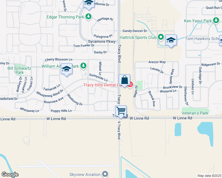 map of restaurants, bars, coffee shops, grocery stores, and more near 677 Sagewood Lane in Tracy