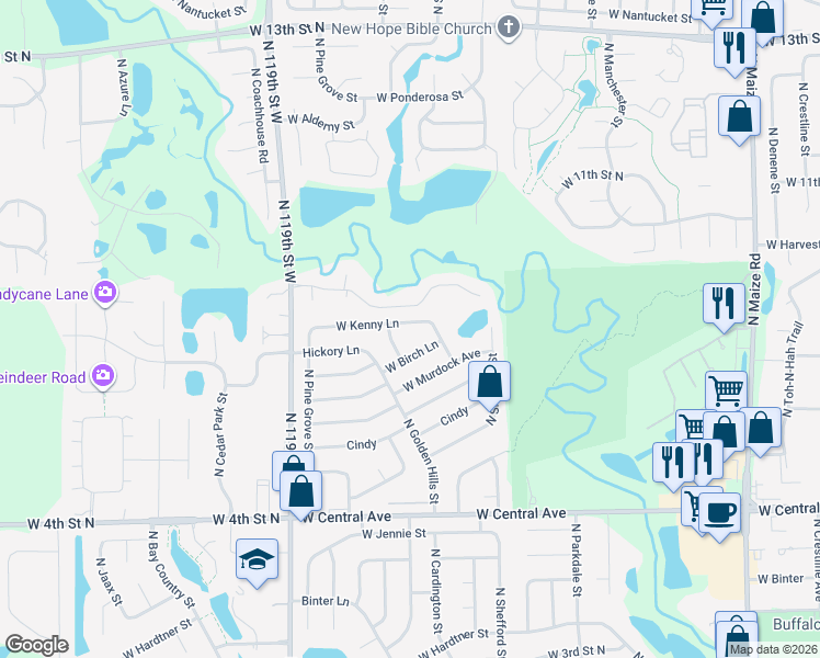 map of restaurants, bars, coffee shops, grocery stores, and more near 11511 West Kenny Lane in Wichita