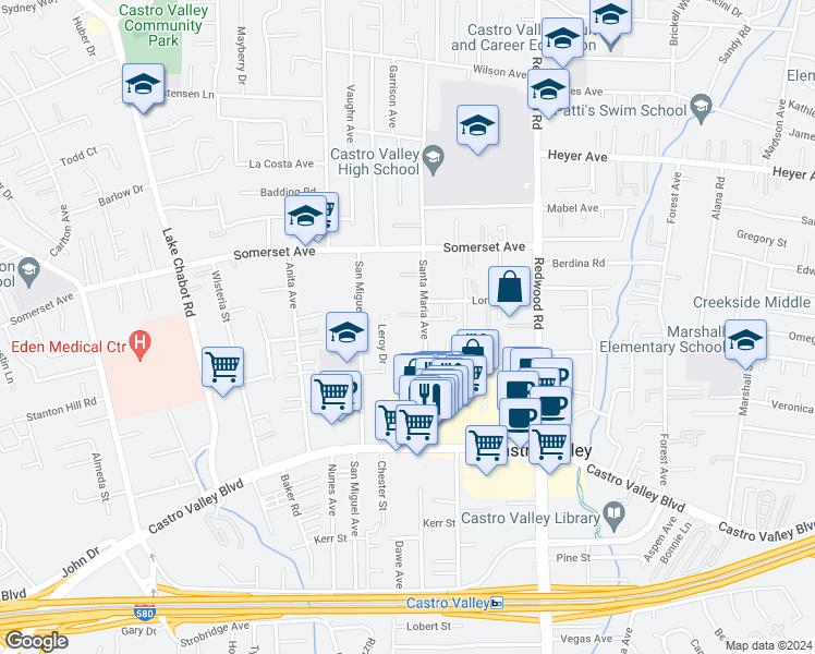 map of restaurants, bars, coffee shops, grocery stores, and more near 20053 Santa Maria Avenue in Castro Valley