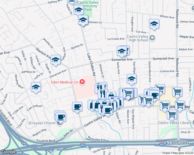 map of restaurants, bars, coffee shops, grocery stores, and more near 19989 Wisteria Street in Castro Valley