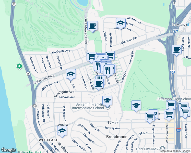 map of restaurants, bars, coffee shops, grocery stores, and more near 100 Belmar Avenue in Daly City