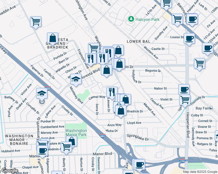 map of restaurants, bars, coffee shops, grocery stores, and more near 394 Caliente Drive in San Leandro