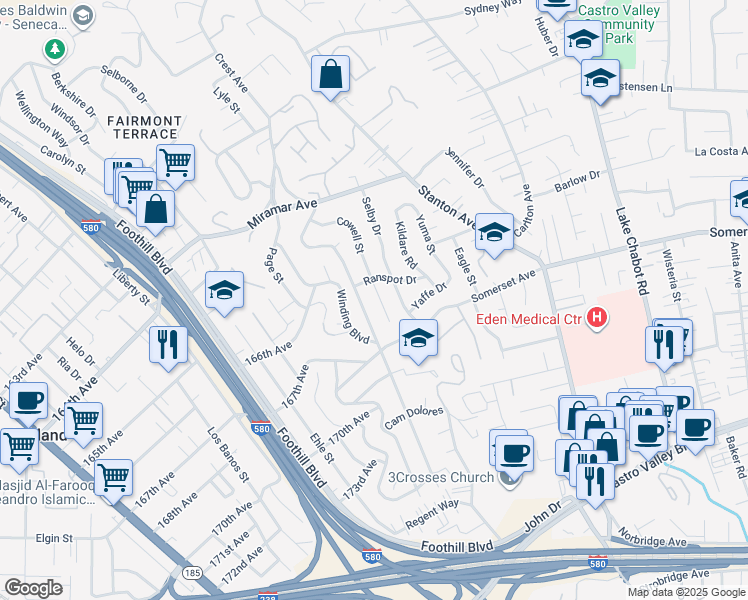 map of restaurants, bars, coffee shops, grocery stores, and more near 16725 Selby Drive in San Leandro