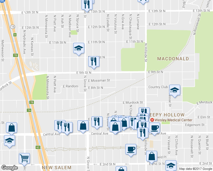 map of restaurants, bars, coffee shops, grocery stores, and more near 2628 E 8th Street North in Wichita