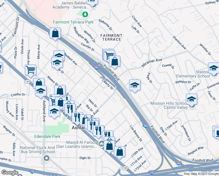 map of restaurants, bars, coffee shops, grocery stores, and more near 16327 Liberty Street in San Leandro