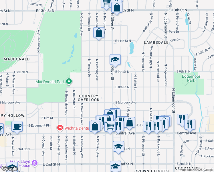 map of restaurants, bars, coffee shops, grocery stores, and more near 905 North Oliver Street in Wichita