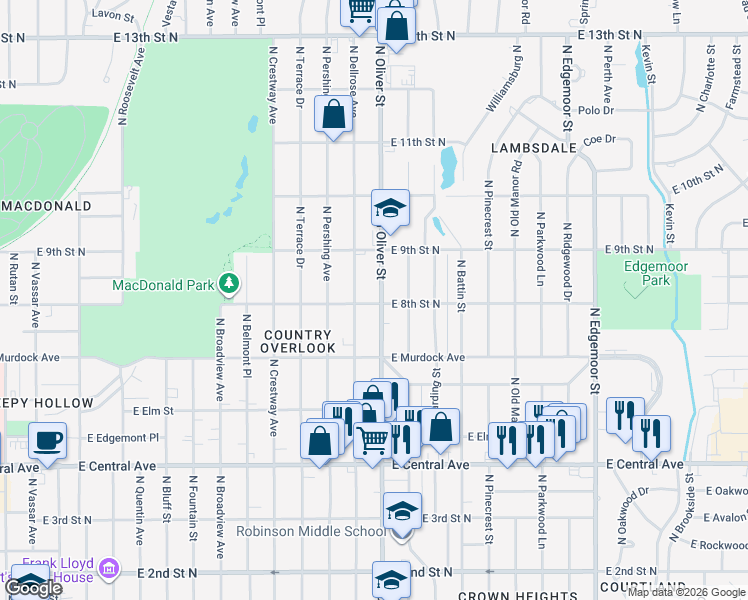 map of restaurants, bars, coffee shops, grocery stores, and more near 4722 East 8th Street North in Wichita