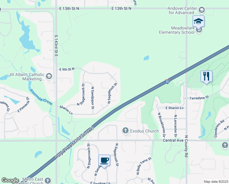 map of restaurants, bars, coffee shops, grocery stores, and more near 856 Sagebrush Court in Wichita