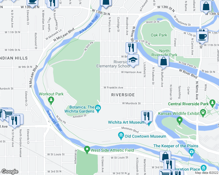 map of restaurants, bars, coffee shops, grocery stores, and more near 1900 Franklin Street in Wichita