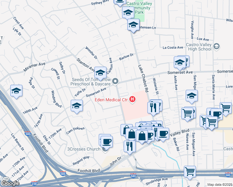 map of restaurants, bars, coffee shops, grocery stores, and more near 19720 Michaels Court in Castro Valley