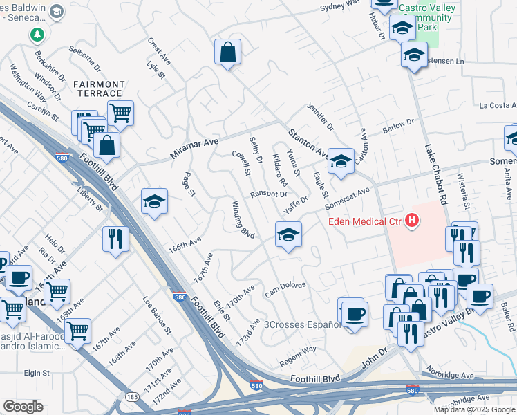 map of restaurants, bars, coffee shops, grocery stores, and more near 16725 Selby Drive in San Leandro