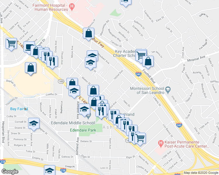 map of restaurants, bars, coffee shops, grocery stores, and more near 1561 162nd Avenue in San Leandro