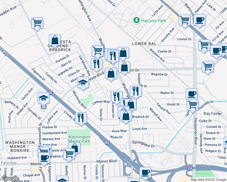 map of restaurants, bars, coffee shops, grocery stores, and more near 261 Caliente Drive in San Leandro