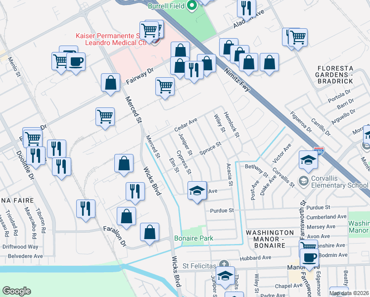 map of restaurants, bars, coffee shops, grocery stores, and more near 14466 Juniper Street in San Leandro