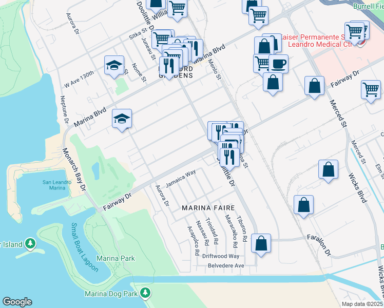 map of restaurants, bars, coffee shops, grocery stores, and more near 2340 West Avenue 136th in San Leandro