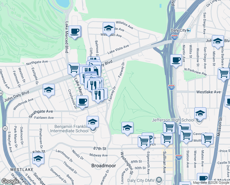 map of restaurants, bars, coffee shops, grocery stores, and more near 80 Fairway Drive in Daly City