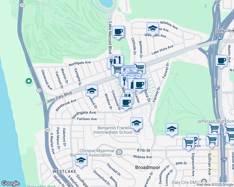 map of restaurants, bars, coffee shops, grocery stores, and more near 61 Crestwood Drive in Daly City